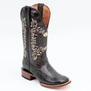 TANNER MARK WOMEN’S Baytown Hand Tooled Brown Print Cowgirl Boots Whit Floral Embroidery Top