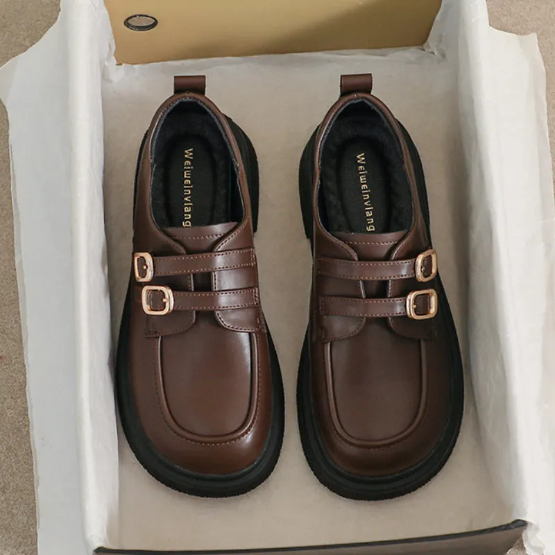Thick-soled Loafers with Straps, Retro Soft-soled Women's Shoes