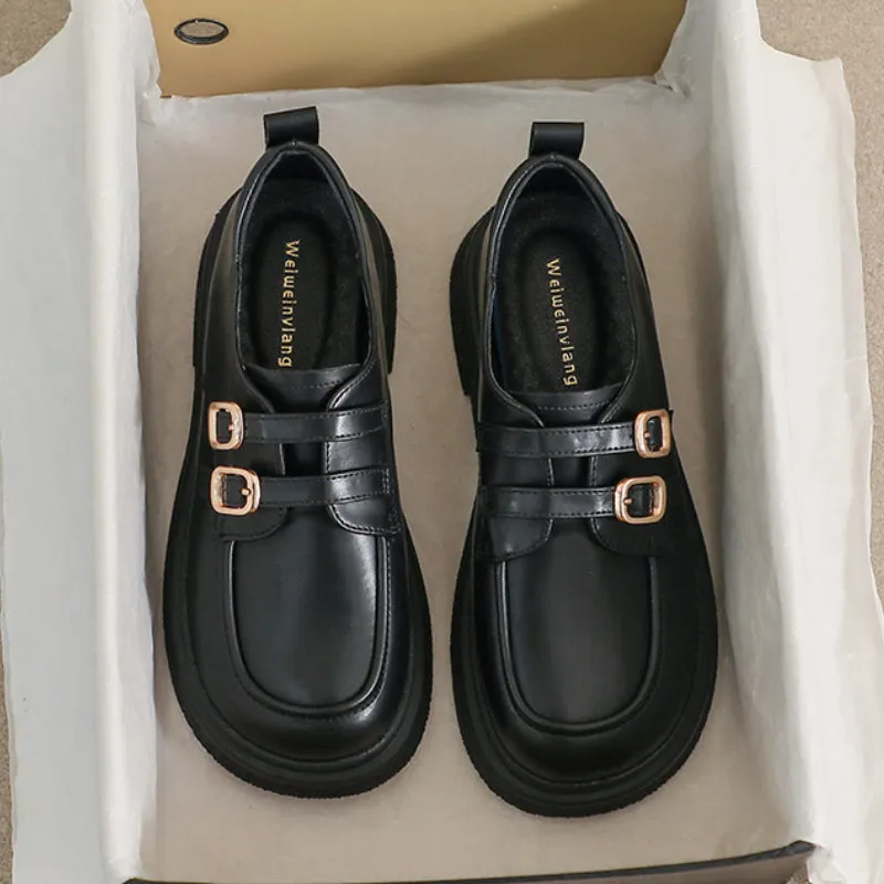 Thick-soled Loafers with Straps, Retro Soft-soled Women's Shoes
