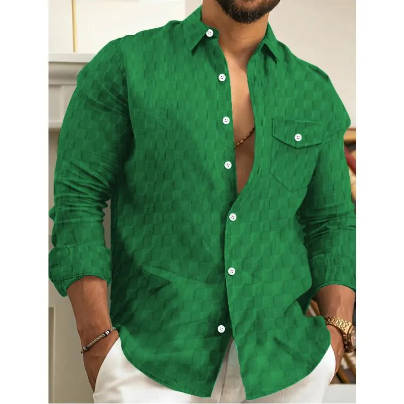 Tiberius - Men's Solid Plaid Chest Pocket Lapel Long Sleeve Shirt