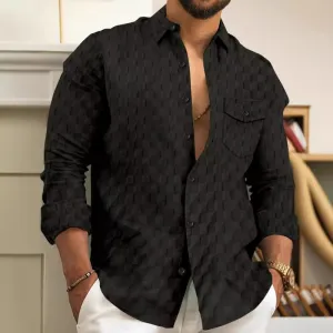 Tiberius - Men's Solid Plaid Chest Pocket Lapel Long Sleeve Shirt
