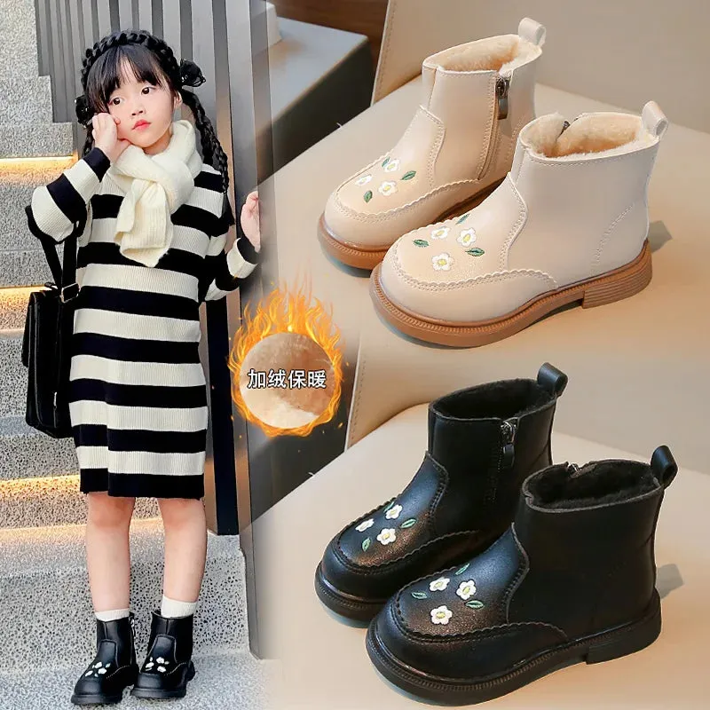 Warm And Comfy - Children's Boots With Floral Embroidery And Zip