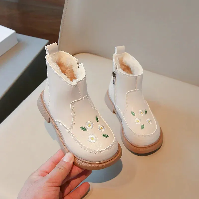 Warm And Comfy - Children's Boots With Floral Embroidery And Zip