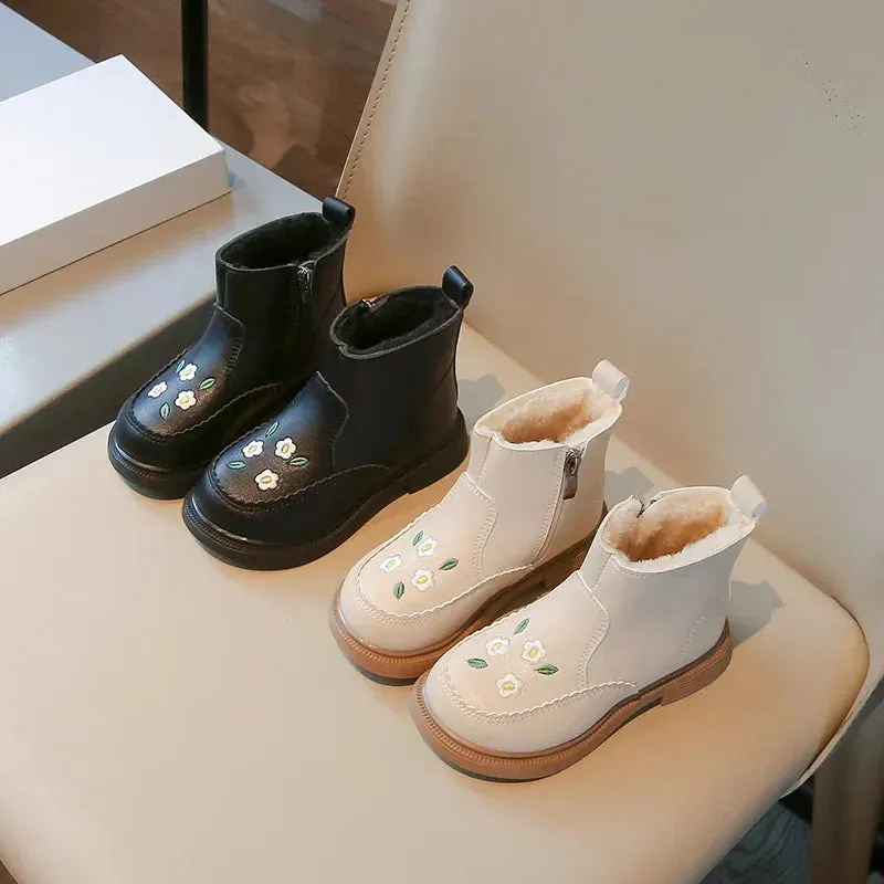 Warm And Comfy - Children's Boots With Floral Embroidery And Zip
