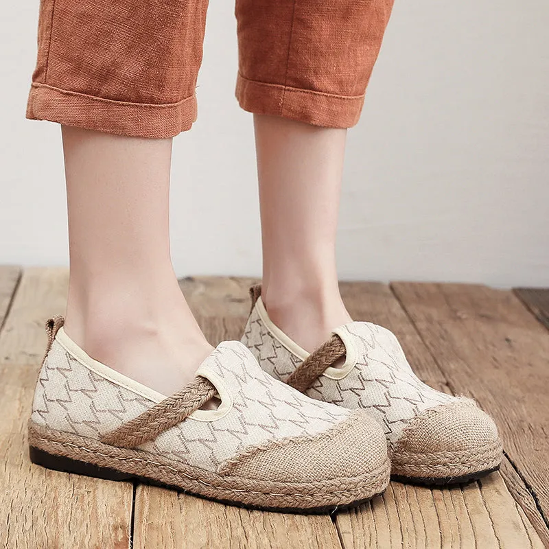 Zig Zag Stitch Linen Round Toe Espadrilles Loafers - Cactus Rose
