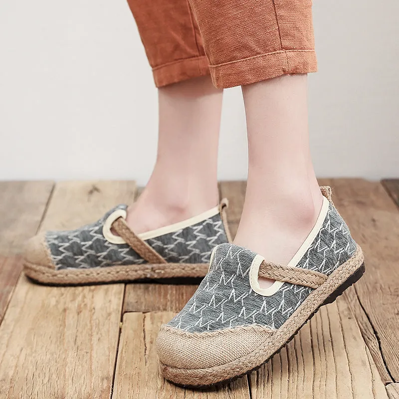 Zig Zag Stitch Linen Round Toe Espadrilles Loafers - Cactus Rose