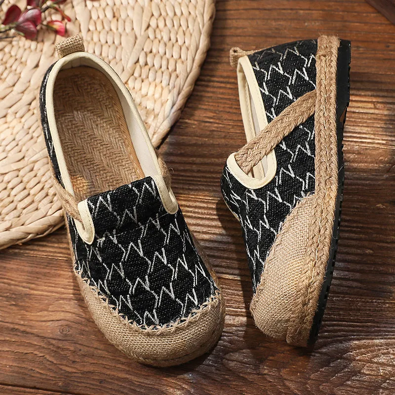 Zig Zag Stitch Linen Round Toe Espadrilles Loafers - Cactus Rose