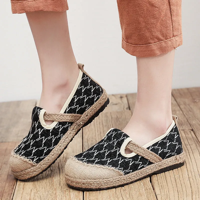 Zig Zag Stitch Linen Round Toe Espadrilles Loafers - Cactus Rose